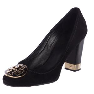TORY BURCH Suede Round-Toe Pumps w/ Gold Hardware